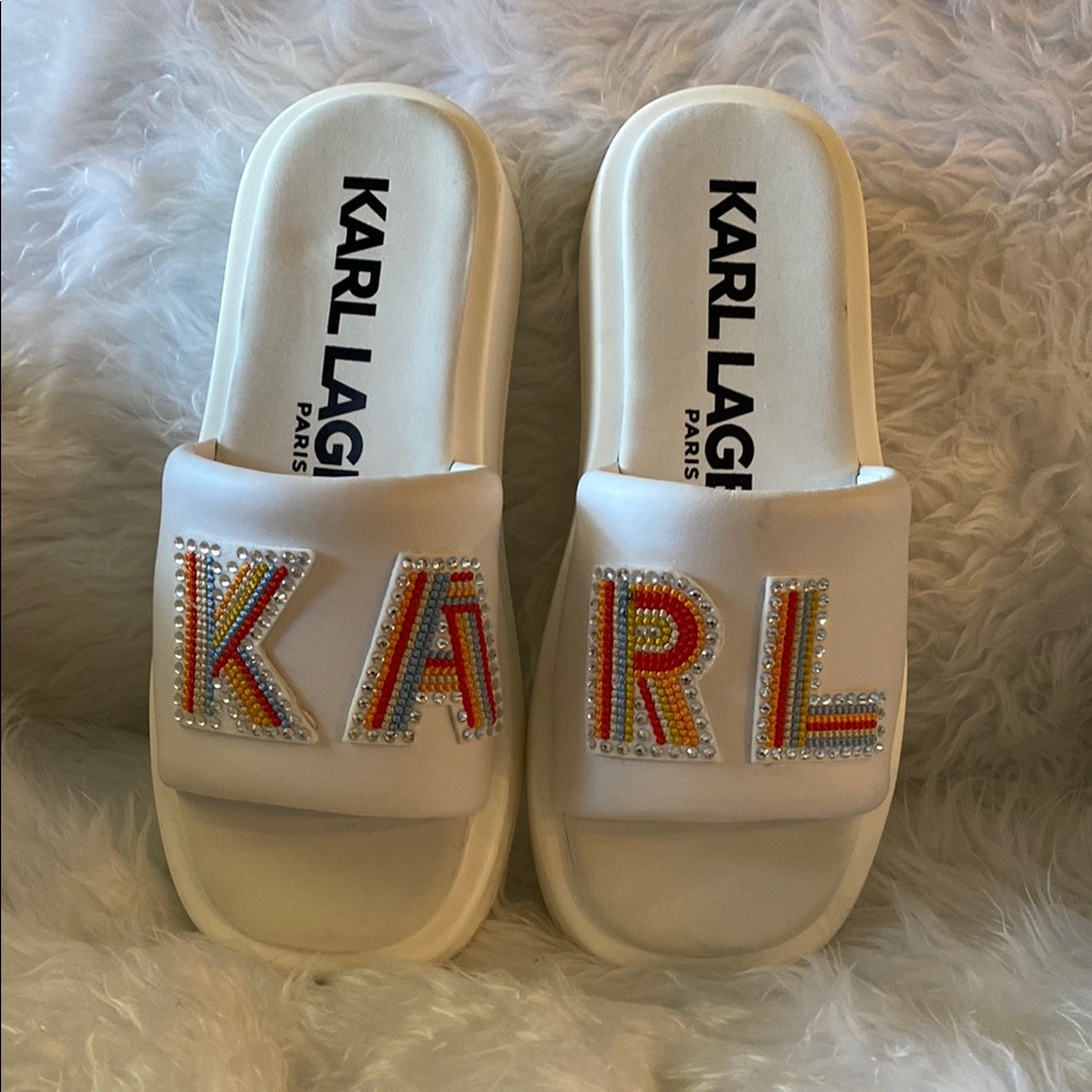 Karl Lagerfeld White Slide Sandals with Multicolor Beading